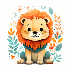 Wildlife animals. Cute lion with simple greens illustration. Happy little lion.