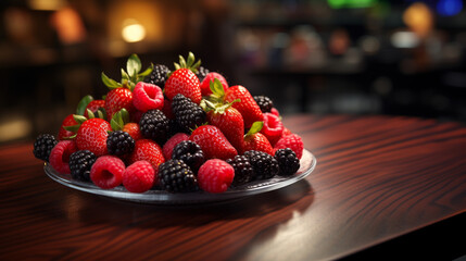 raspberry and blackberry, strawberries on a plate