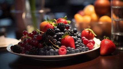 raspberry and blackberry and strawberries on a plate - obrazy, fototapety, plakaty