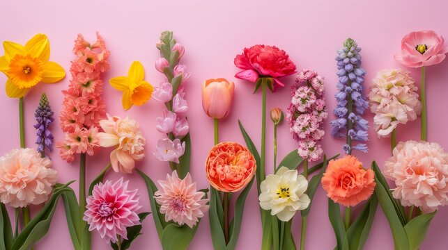 A collection of colorful flowers arranged on a smooth pink surface.