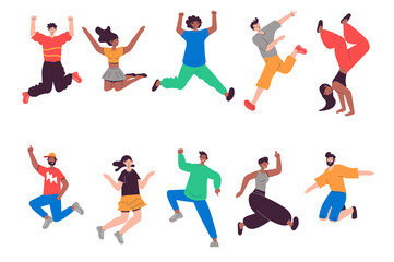 People jumping set in flat design. Happy men and women jump and celebrating at party and entertainment, winner expression. Bundle of diverse characters. Illustration isolated persons for web