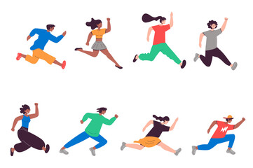Fototapeta na wymiar People running set in flat design. Happy men and women run and hurry, sport competition or aspiration direction metaphor. Bundle of diverse characters. Illustration isolated persons for web