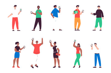 People showing mobile phone set in flat design. Happy men and women holding smartphones and showing cell phone displays. Bundle of diverse characters. Illustration isolated persons for web