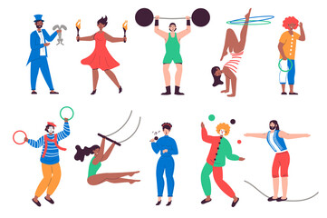 People work in circus set in flat design. Men and women performing as jugglers, acrobats, clowns, magician and other staff. Bundle of diverse characters. Illustration isolated persons for web