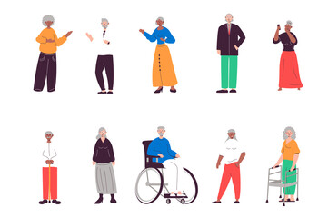 Elderly people set in flat design. Retired women and men standing and walking, grandfather in wheelchair, other. Bundle of diverse multiracial characters. Illustration isolated persons for web
