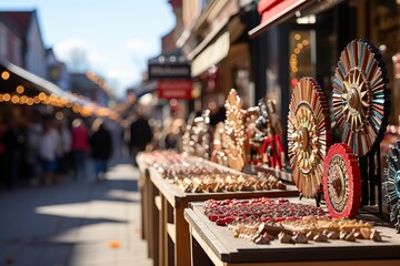 Outdoor market stalls with sparkling wind spinners and jewelry on a bustling street - obrazy, fototapety, plakaty
