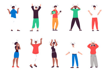 Astonished and surprised people set in flat design. Women and men express amazed, unexpected and wonder feeling. Bundle of diverse multiracial characters. Illustration isolated persons for web