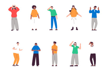 Fototapeta na wymiar Unhappy and sad people set in flat design. Women and men express upset emotions, feeling depression and crying. Bundle of diverse multiracial characters. Illustration isolated persons for web