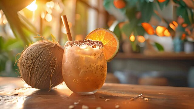 coconut cocktail on tropical holiday background. beach, white sand, king coconut and sea view, coconut cocktail, fresh coconut sunlight sparkling mp4