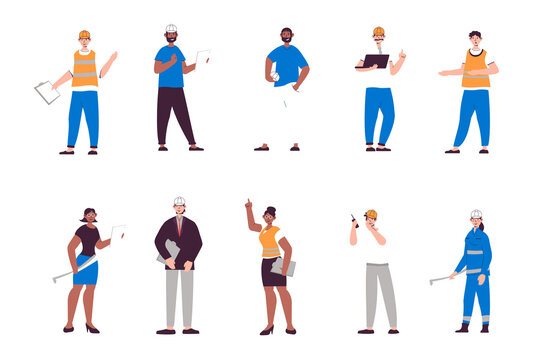 People work as engineers set in flat design. Men and women with helmets hold blueprints, architects, technician and builders. Bundle of diverse characters. Illustration isolated persons for web