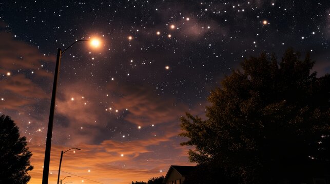 Silhouette of suburban street lights on and dramatic Milky Way with nebula clouds --ar 16:9 --style raw --stylize 50 --v 6 Job ID: ab27a667-4ecf-4811-a5fa-b96ea1f6c4e2