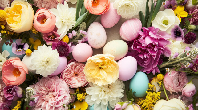 Pastel Easter Eggs Amongst a Variety of Spring Flowers, top view