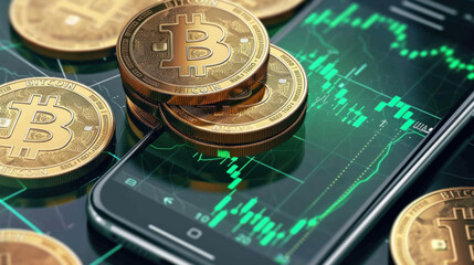 Concept of investing in cryptocurrencies and bitcoins. Close-up of a virtual coin near a phone with graphs. Trading on the cryptocurrency exchange. Bitcoin rise and fall chart.