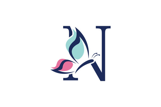 letter n logo design with butterfly illustration logo concept