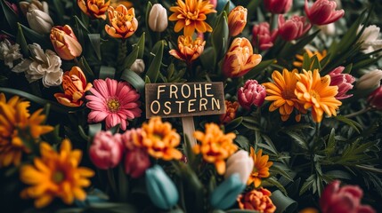 German text Happy Easter and Colorful Easter Arrangement with Flowers and Eggs. Floral spring wallpaper background