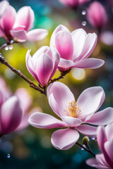 Spring flowers of magnolia rose macro with drops of water on the petals.