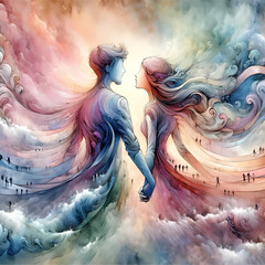 fantasy, sky, illustration, light, color, water, design, art, concept, valentine's day card,  valentine, love, couple, card