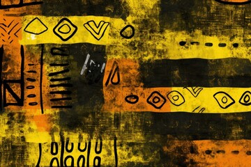 Chartreuse, amber, and onyx seamless African pattern, tribal motifs grunge texture on textile
