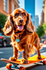 Happy English cocker spaniel dog riding on the orange skateboard in the city street.