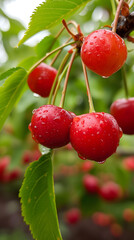 Raindrops on red cherries with blurred background