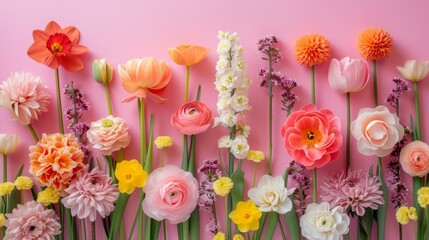 Colorful Spring Arrangement with Flowers on pink background. Floral spring wallpaper 