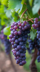 Dense purple grape bunches hanging in a vineyard