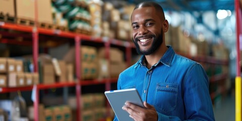 Confident smiling e-commerce person holding a tablet displaying inventory analytics. Successful management