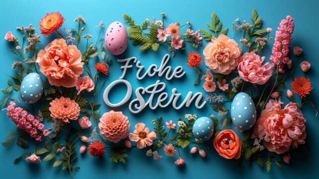 Blue Happy Easter text in German with Flowers and Eggs. Floral spring wallpaper background