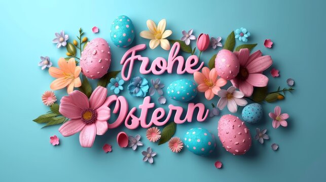 Pink Happy Easter text in German with Flowers and Eggs. Floral spring wallpaper background