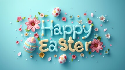 Colorful Happy Easter text with Flowers and Eggs. Floral spring wallpaper background