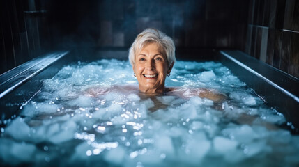 Senior woman enjoying cryotherapy. Joyful senior woman with a bright smile in an icy spa bath. Luxury Spa and Wellness, cold therapy or relaxation techniques in spa setting