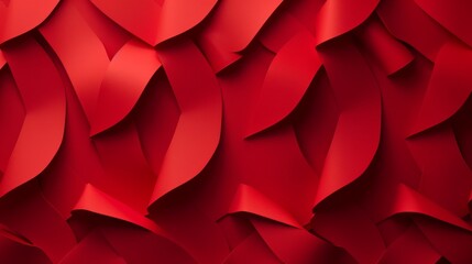 Red background with interlocking, curved geometric shapes, casting graduating, tones, and shadows