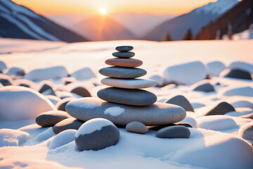 Fototapeta na wymiar Zen stones on the snow, mountain, blurred background, warm sunset light