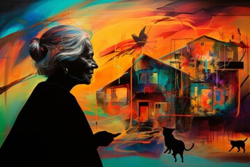 Alzheimers. Profile of old woman surrounded by nostalgic items, from her memory, including village, colours, shape.