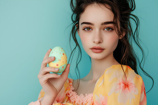Easter social media sales poster of a female fashion model holding an easter egg, marketing banner for sales and promotion with copy space