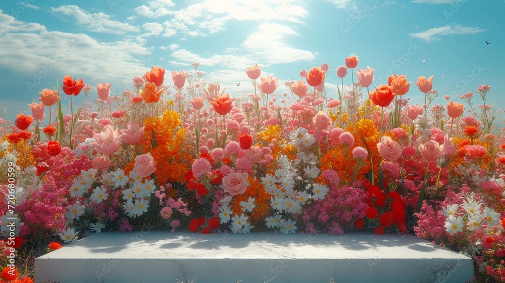 Poster a white empty table surrounded by colorful flowers is set against a clear blue sky.