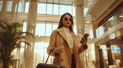 Portrait of a Businesswoman Wearing a beige coat, holding a smartphone with luggage doing check-in at the modern hotel lobby, Work-related business trip