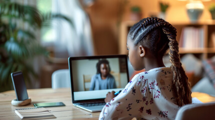 young girl engaged in an online learning session, writing notes while participating in a video call with a teacher on her laptop at a home study setup