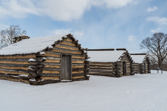 Continental Army Log Cabins at Valley Forge in Winter, Pennsylvania 