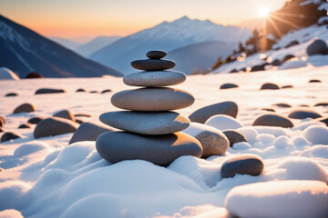 Fototapeta na wymiar Zen stones on the snow, mountain, blurred background, warm sunset light