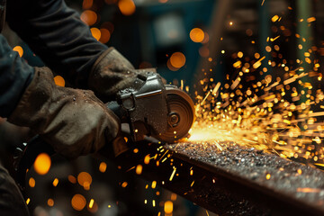 A person using an angle grinder - obrazy, fototapety, plakaty