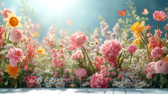 A collection of colorful flowers and white table, copy space