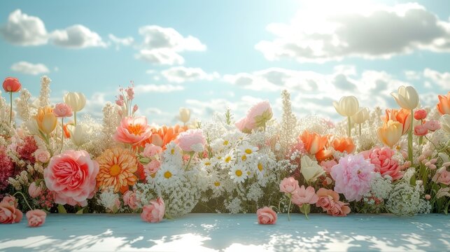 A collection of various flowers blooming in lush grass under bright sunlight, lay out 