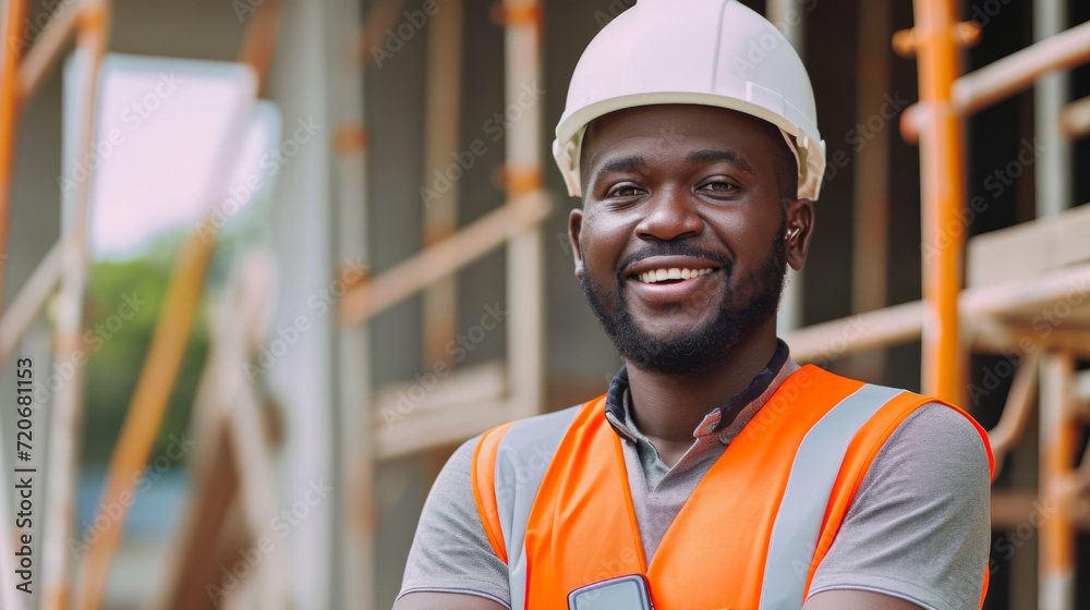 Wall mural smiling construction worker with a hard hat and reflective vest - Wall murals