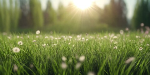 Green lawn with tall grass in the sun and a soft blurry background. - Powered by Adobe