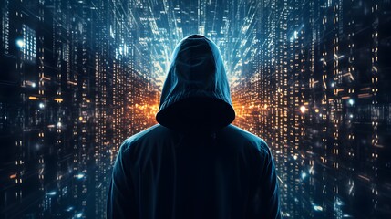 Anonymous hacker, surrounded by a network of glowing data