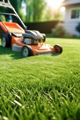 Green lawn with freshly cut grass and a lawnmower standing on it. Mowed lawn with a blurred background of a well-groomed area and a lawnmower with copy space. - obrazy, fototapety, plakaty