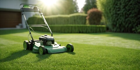 Green lawn with freshly cut grass and a lawnmower standing on it. Mowed lawn with a blurred background of a well-groomed area and a lawnmower with copy space.