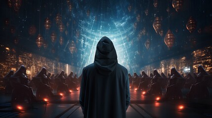 Anonymous hacker, surrounded by a network of glowing data