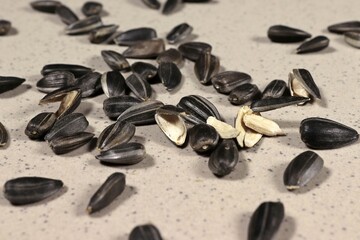 Fototapeta na wymiar Sunflower seeds scattered on a plane, some seeds are peeled, side view.